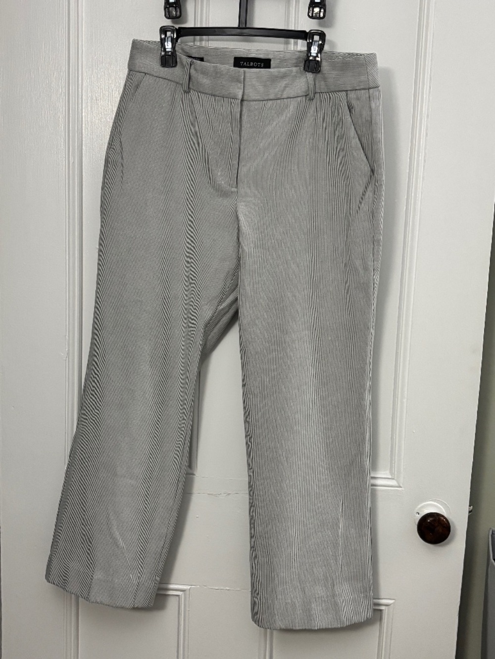 Talbots cropped wide-leg pants in a grey and white pinstripe pattern.